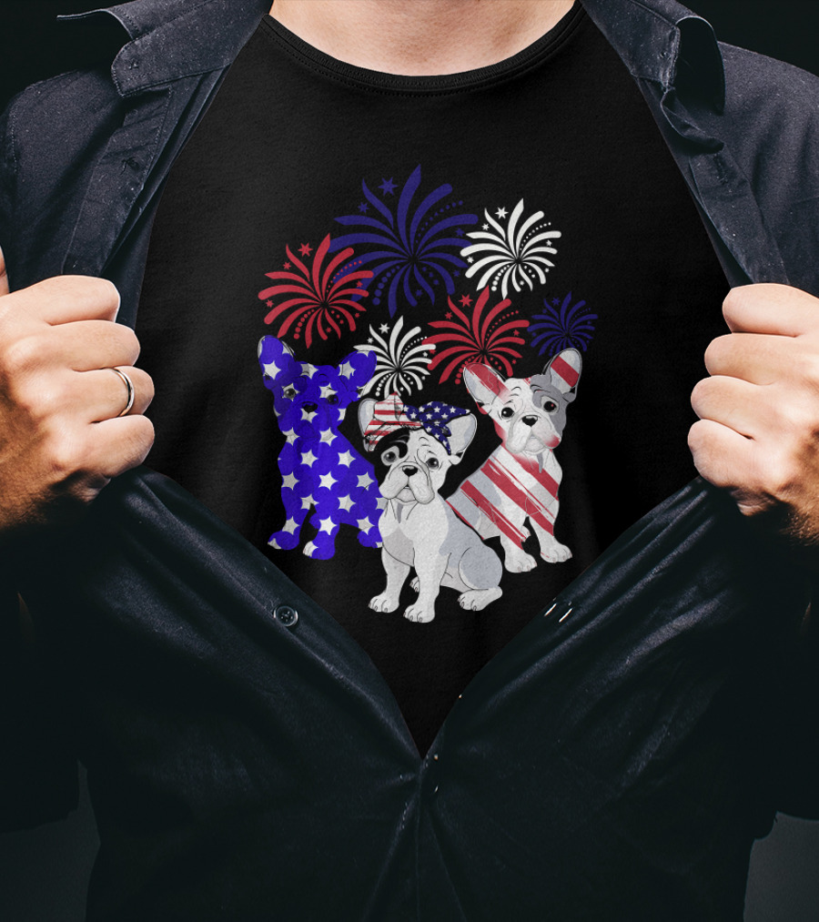 American Flag French Bulldog Fireworks T-Shirt