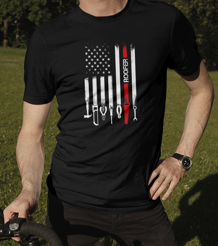 American Flag Roofer Tools Vertical Stripe T-Shirt