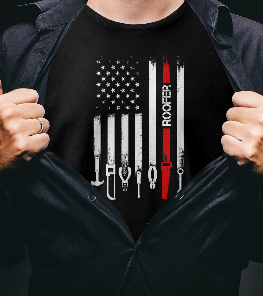 American Flag Roofer Tools Vertical Stripe T-Shirt
