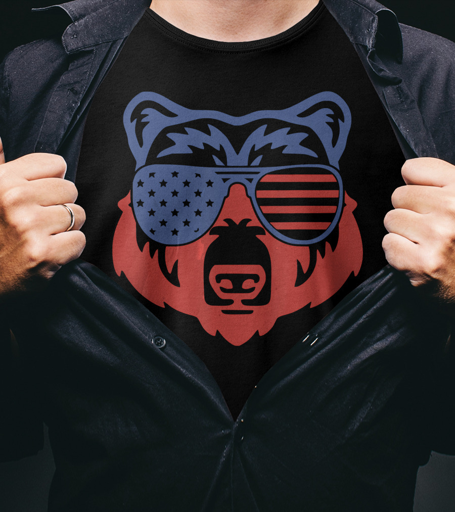 American Patriotic Bear With Flag Sunglasses T-Shirt