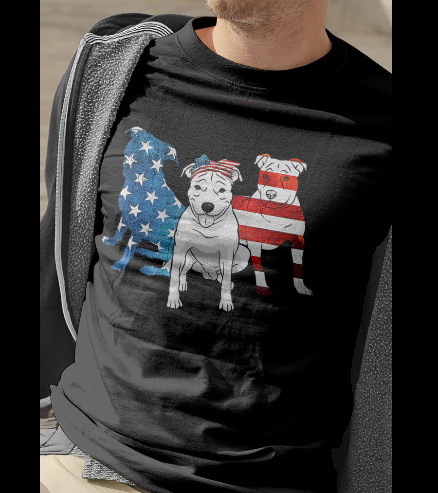American Pitbull Trio With US Flag T-Shirt