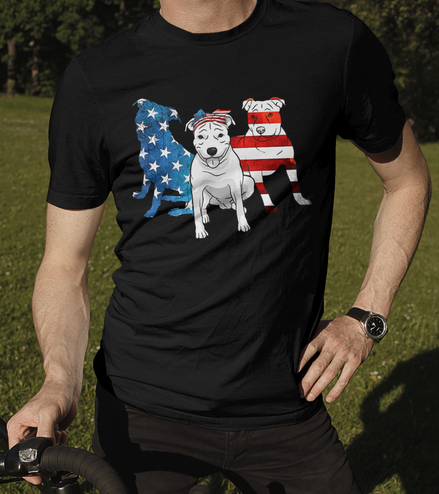 American Pitbull Trio With US Flag T-Shirt