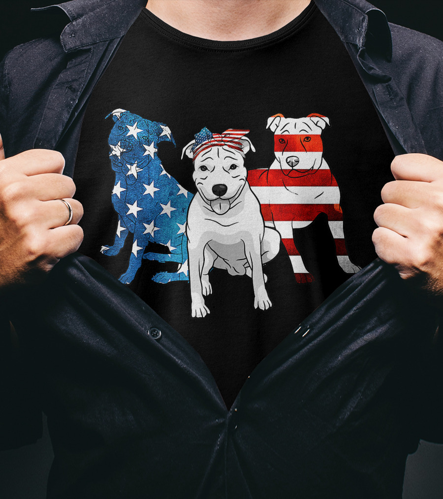 American Pitbull Trio With US Flag T-Shirt