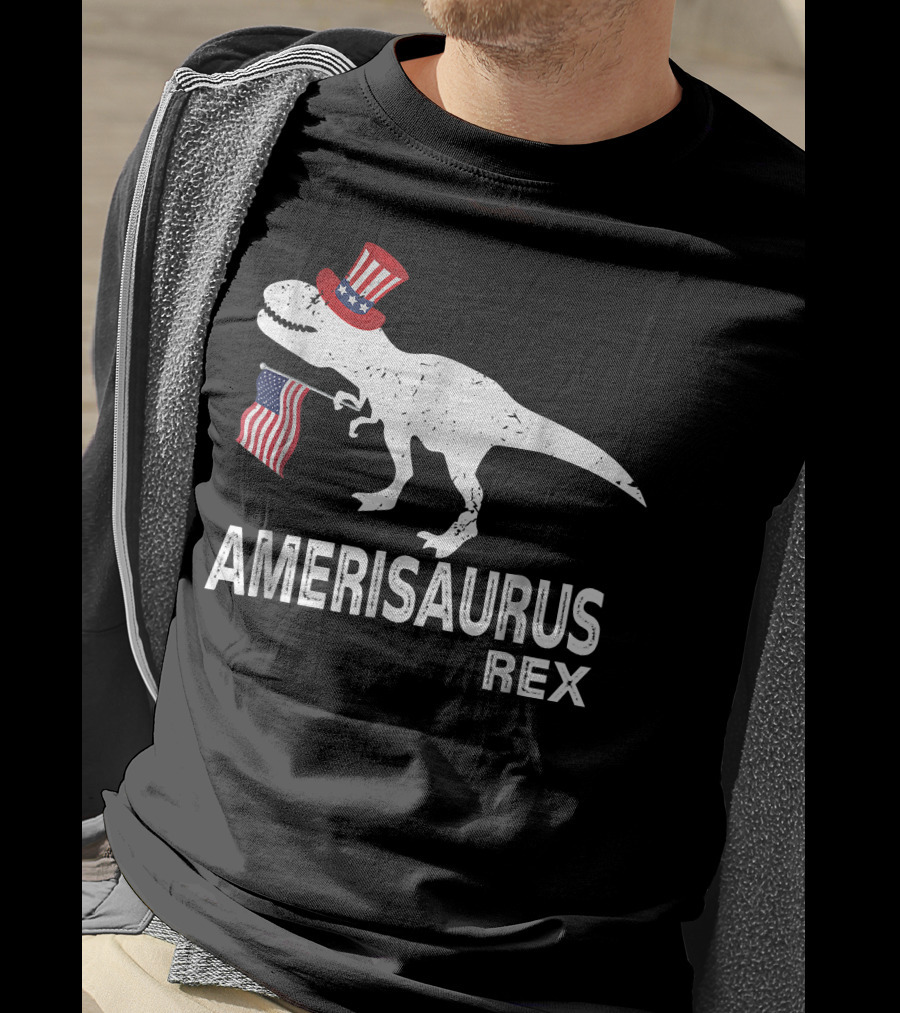 Amerisaurus Rex Patriotic Dinosaur With Uncle Sam Hat And American Flag T-Shirt