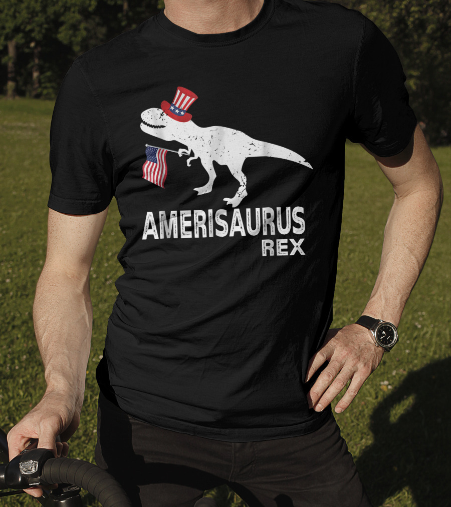 Amerisaurus Rex Patriotic Dinosaur With Uncle Sam Hat And American Flag T-Shirt