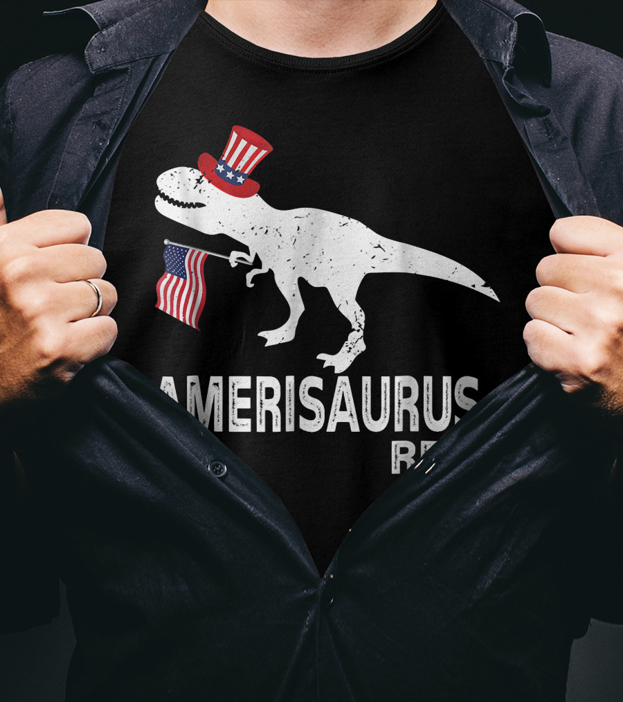 Amerisaurus Rex Patriotic Dinosaur With Uncle Sam Hat And American Flag T-Shirt