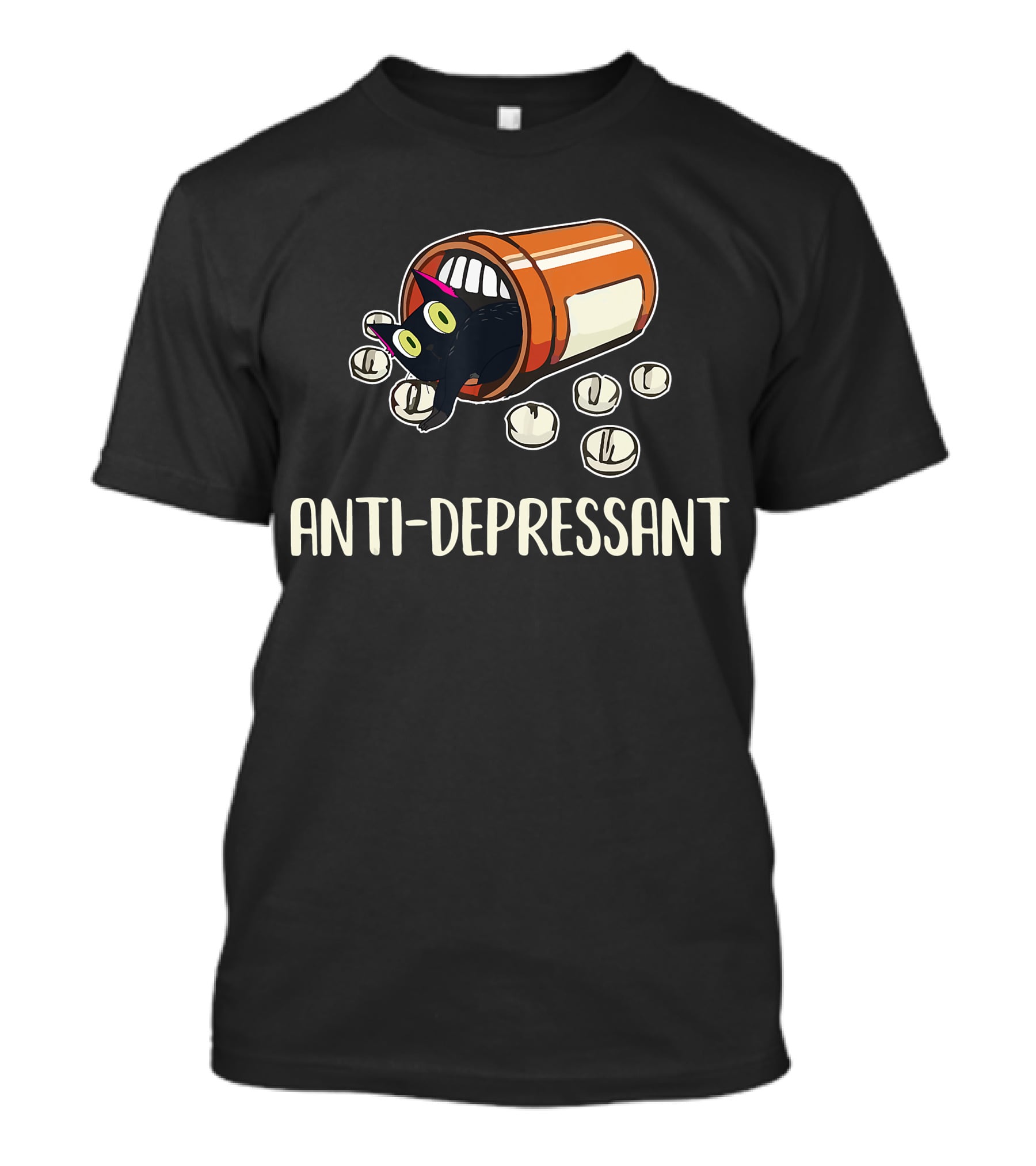 Anti-Depressant Funny Black Cat In Pill Bottle T-Shirt