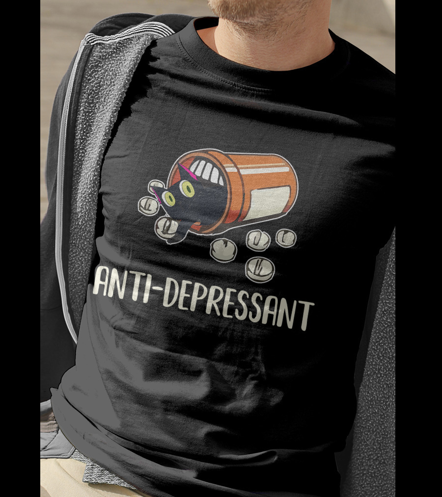Anti-Depressant Funny Black Cat In Pill Bottle T-Shirt