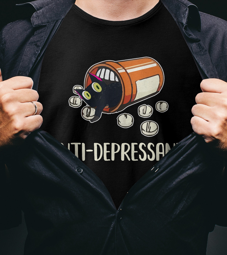 Anti-Depressant Funny Black Cat In Pill Bottle T-Shirt