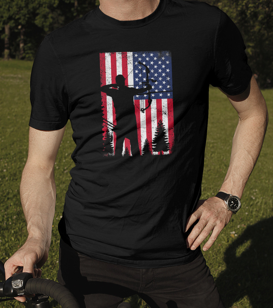 American Archery Bow Hunting Bow Hunter Silhouette USA Flag Background T-Shirt