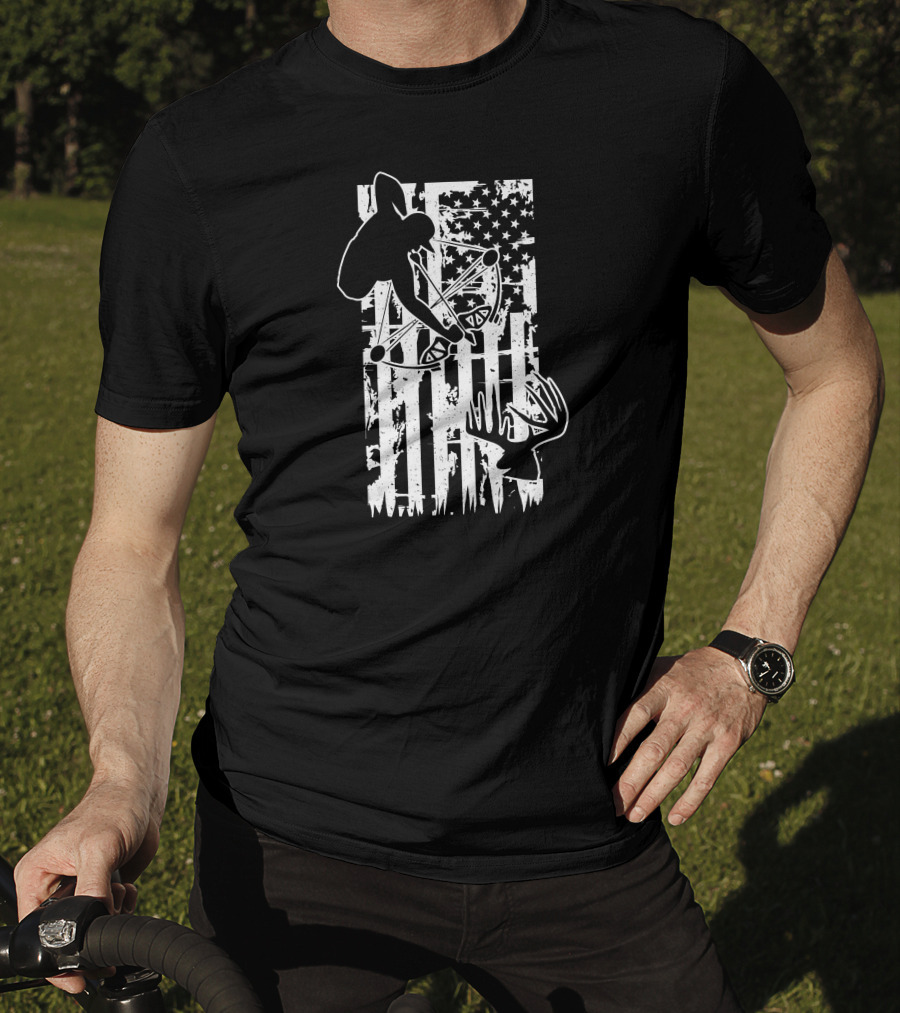 Archery Hunting Bow Deer Silhouette American Flag T-Shirt