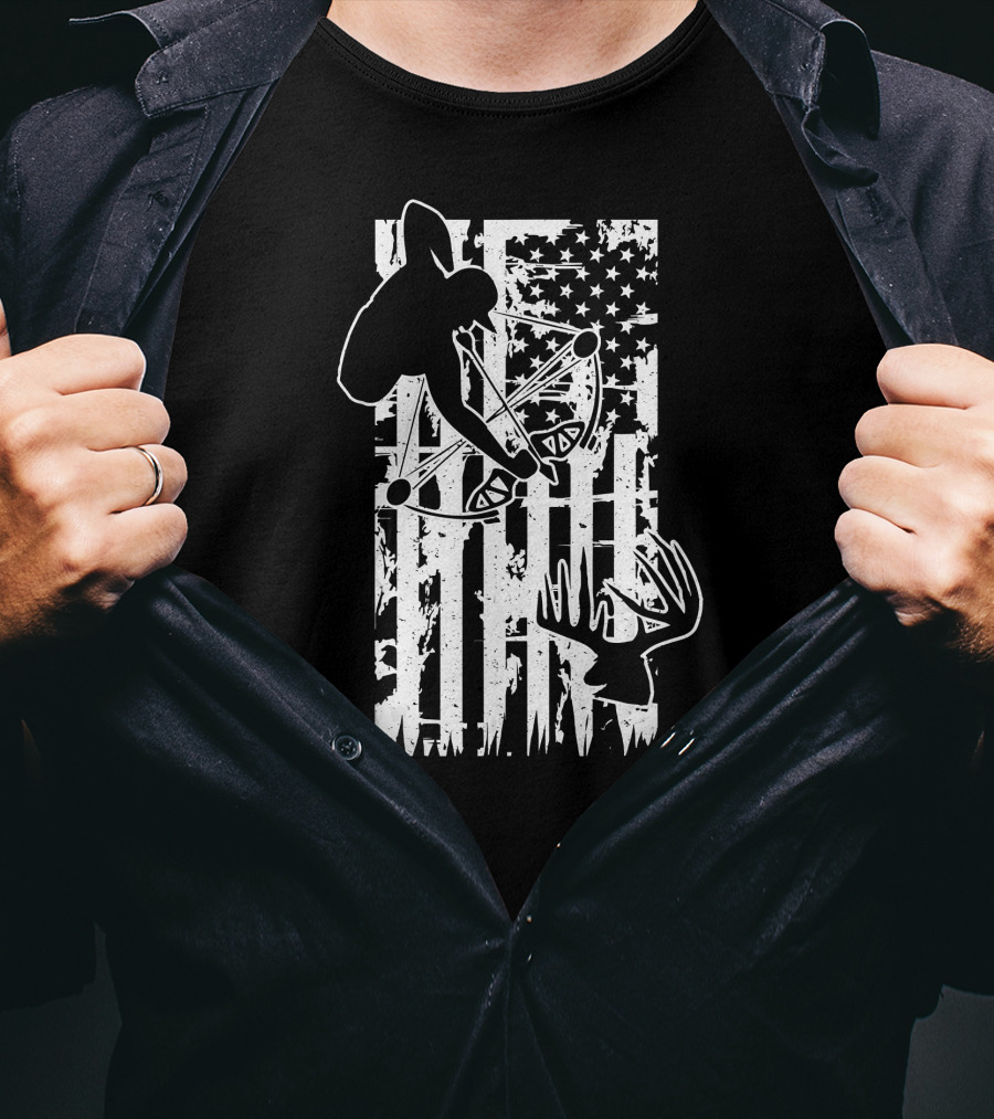 Archery Hunting Bow Deer Silhouette American Flag T-Shirt