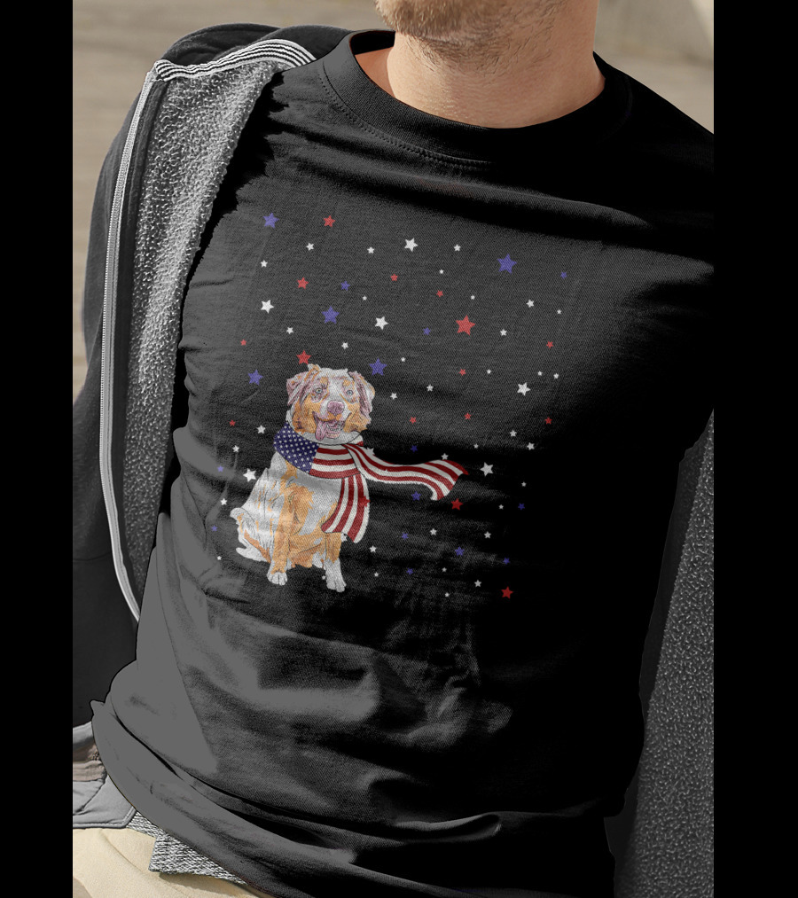 Australian Shepherd Dog With American Flag Scarf Surrounded By Stars T-Shirt