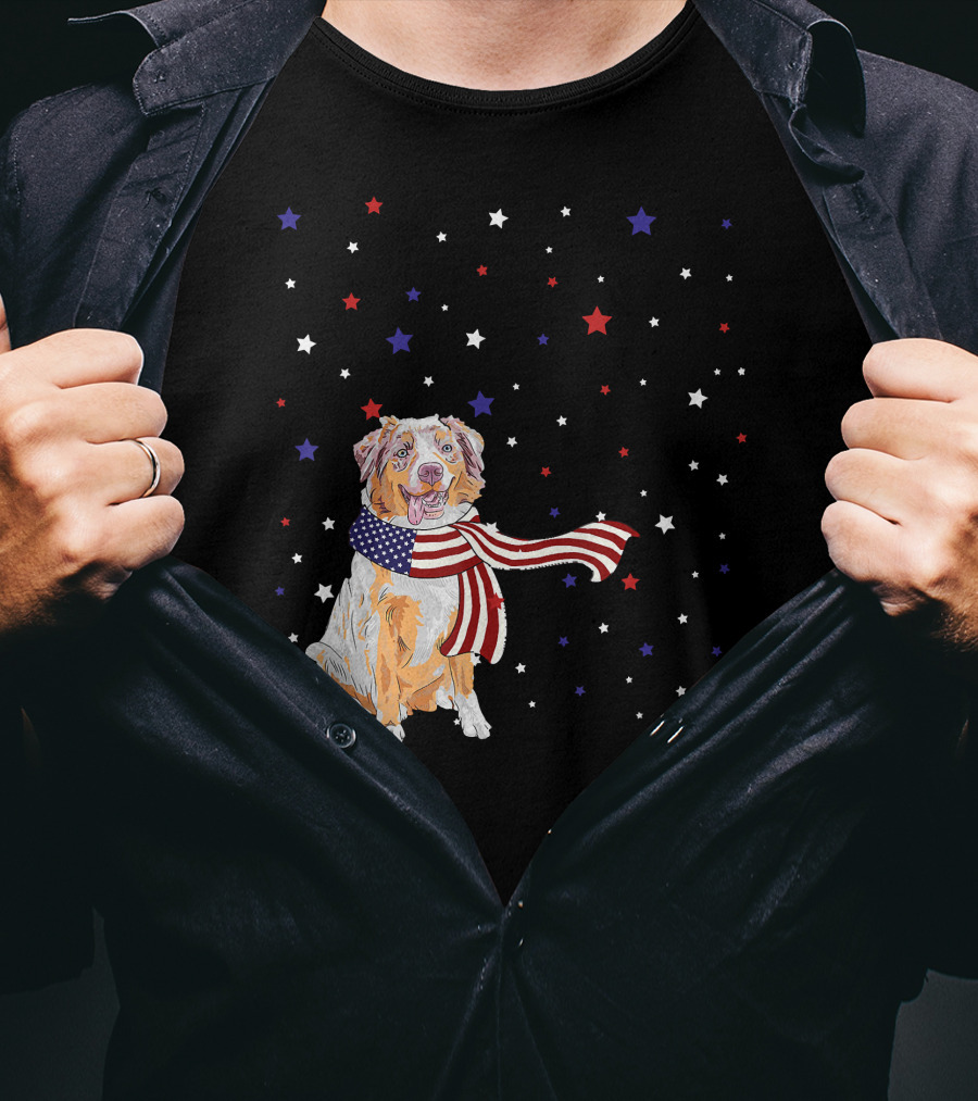 Australian Shepherd Dog With American Flag Scarf Surrounded By Stars T-Shirt