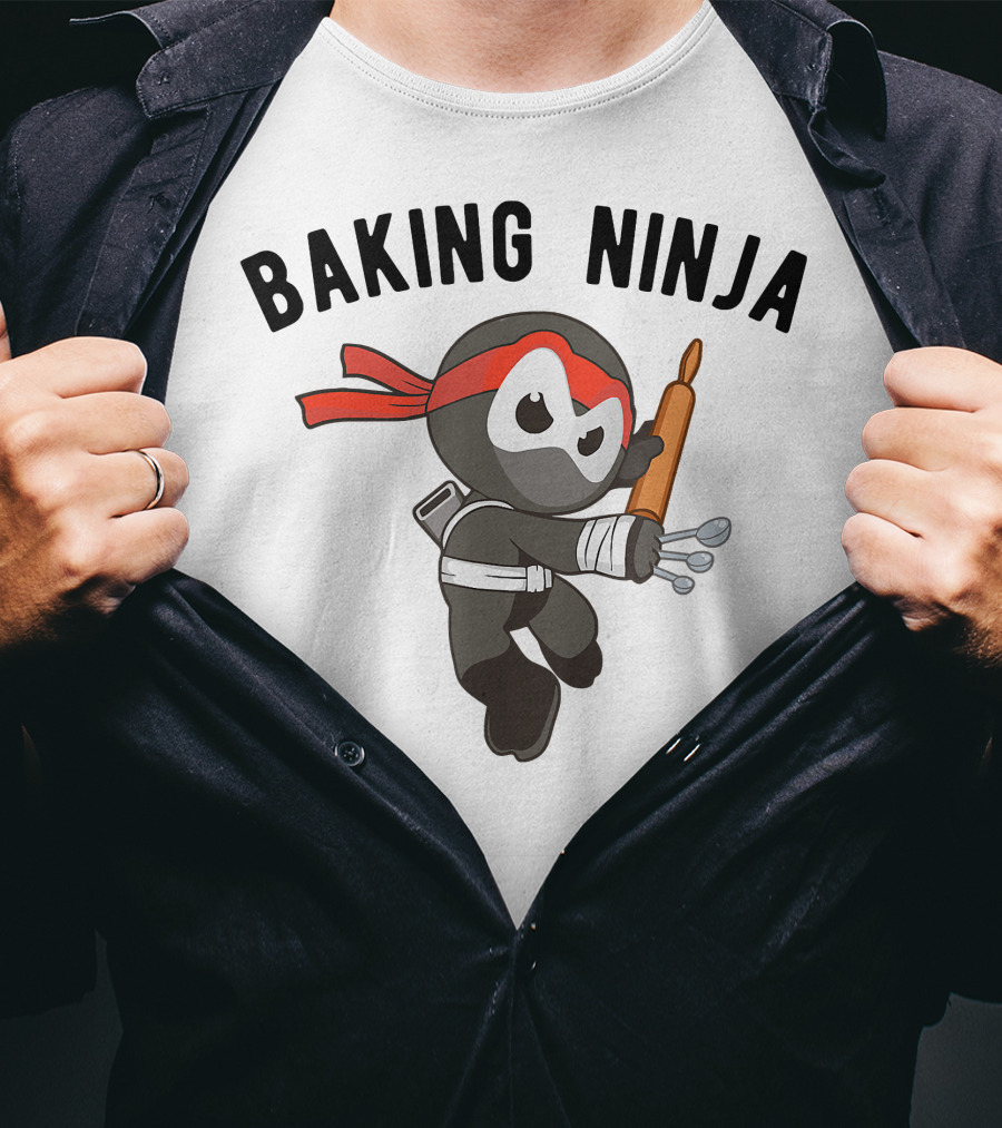 Baking Ninja Funny Ninjutsu Rolling Pin Warrior With Spoons And Red Headband T-Shirt