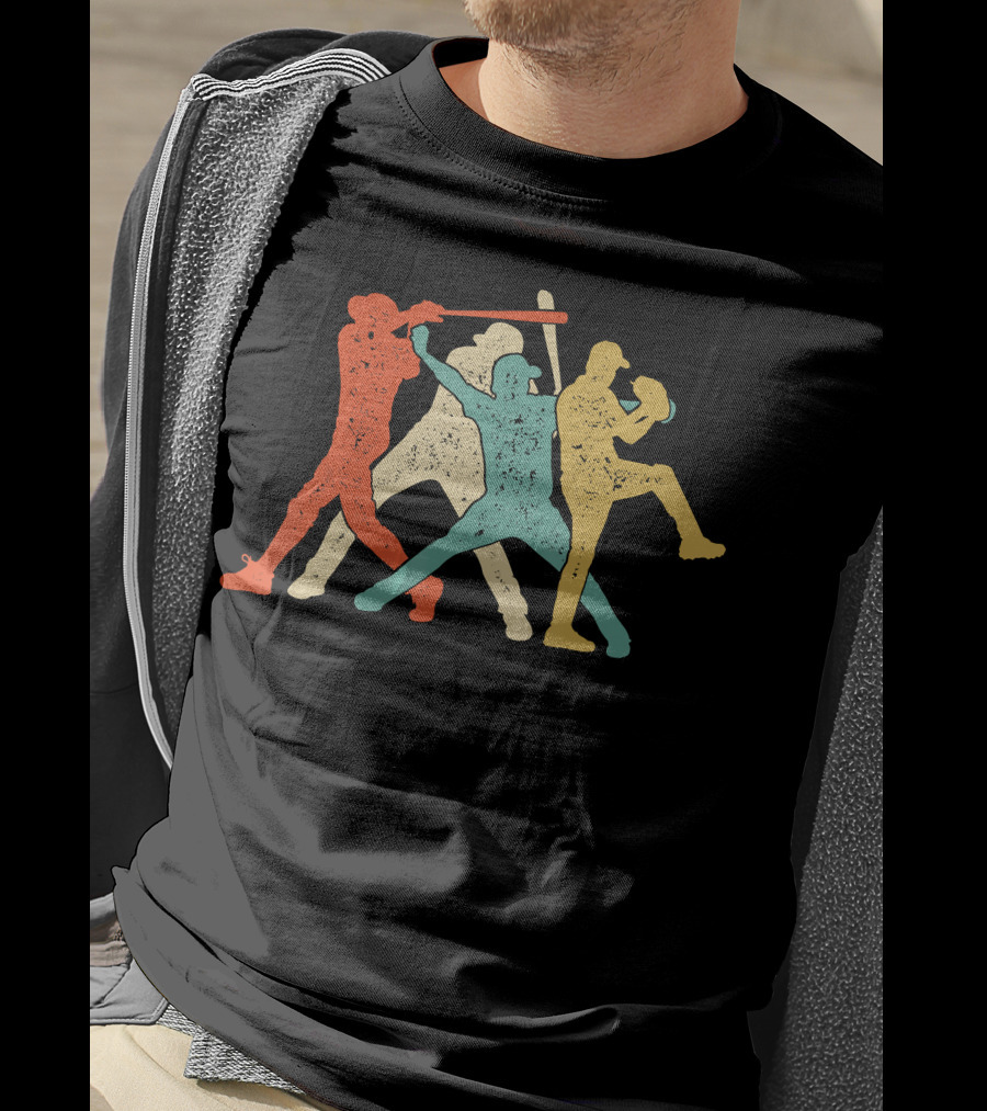 Baseball Retro Vintage Catch Player Silhouettes Batter Pitcher Action Runners T-Shirt
