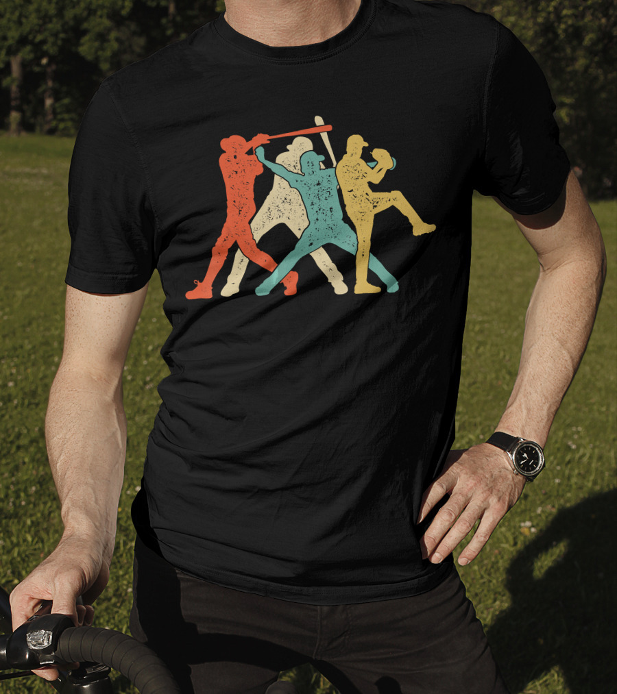 Baseball Retro Vintage Catch Player Silhouettes Batter Pitcher Action Runners T-Shirt