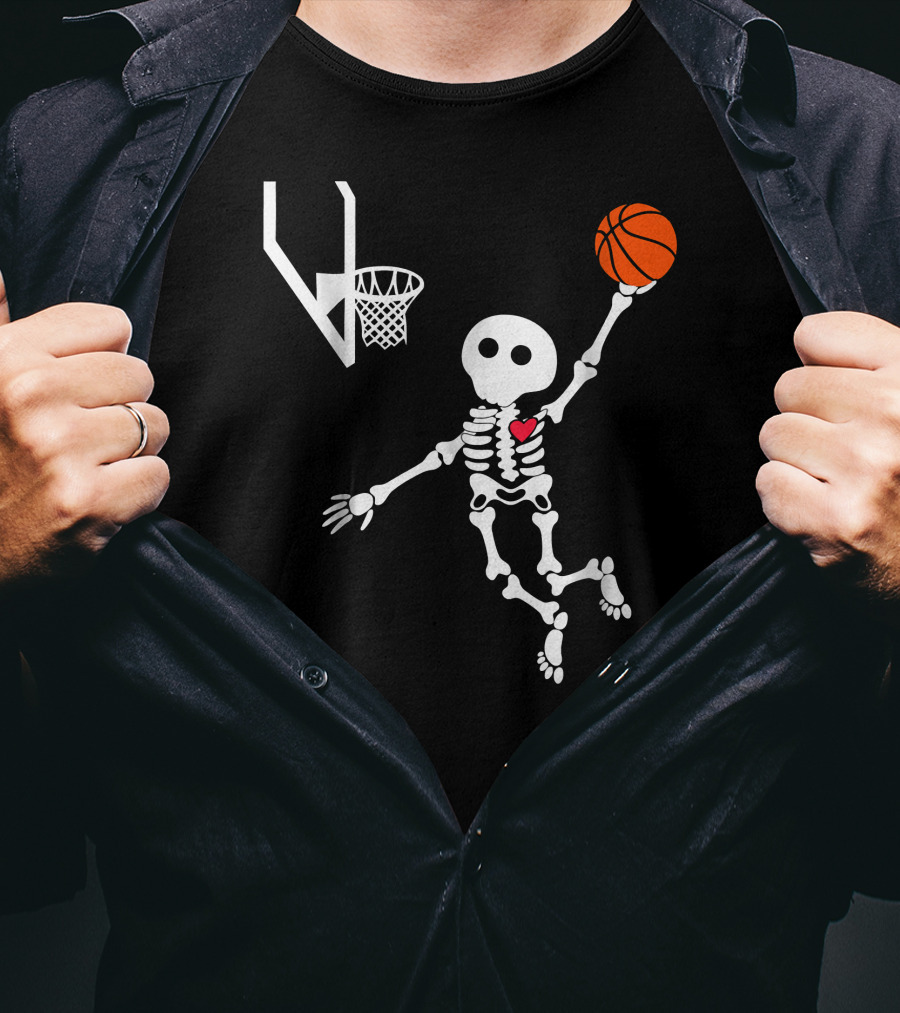 Basketball Skeleton Slam Dunk With Heart T-Shirt