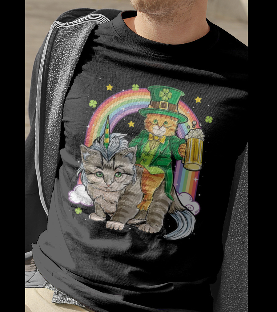 St. Patrick's Day Cat Riding Unicorn With Rainbow And Beer T-Shirt