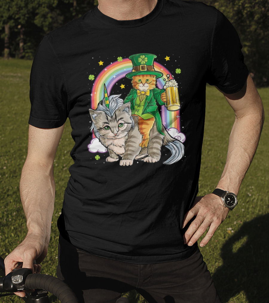 St. Patrick's Day Cat Riding Unicorn With Rainbow And Beer T-Shirt
