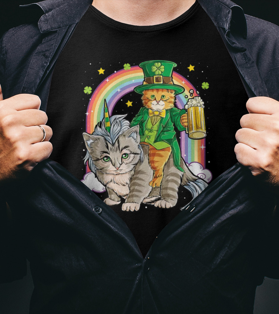 St. Patrick's Day Cat Riding Unicorn With Rainbow And Beer T-Shirt