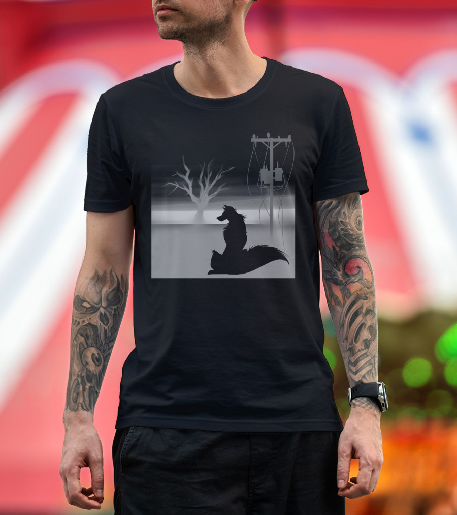 End of Days Silhouette: Wolf and Barren Tree Under Stormy Skies T-Shirt