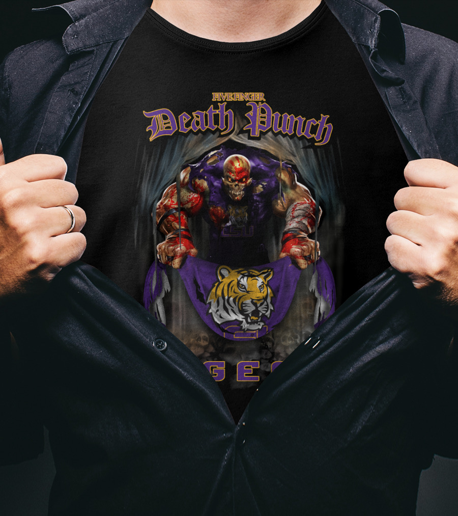 Five Finger Death Punch Lsu Tigers Skull Holding Banner T-Shirt