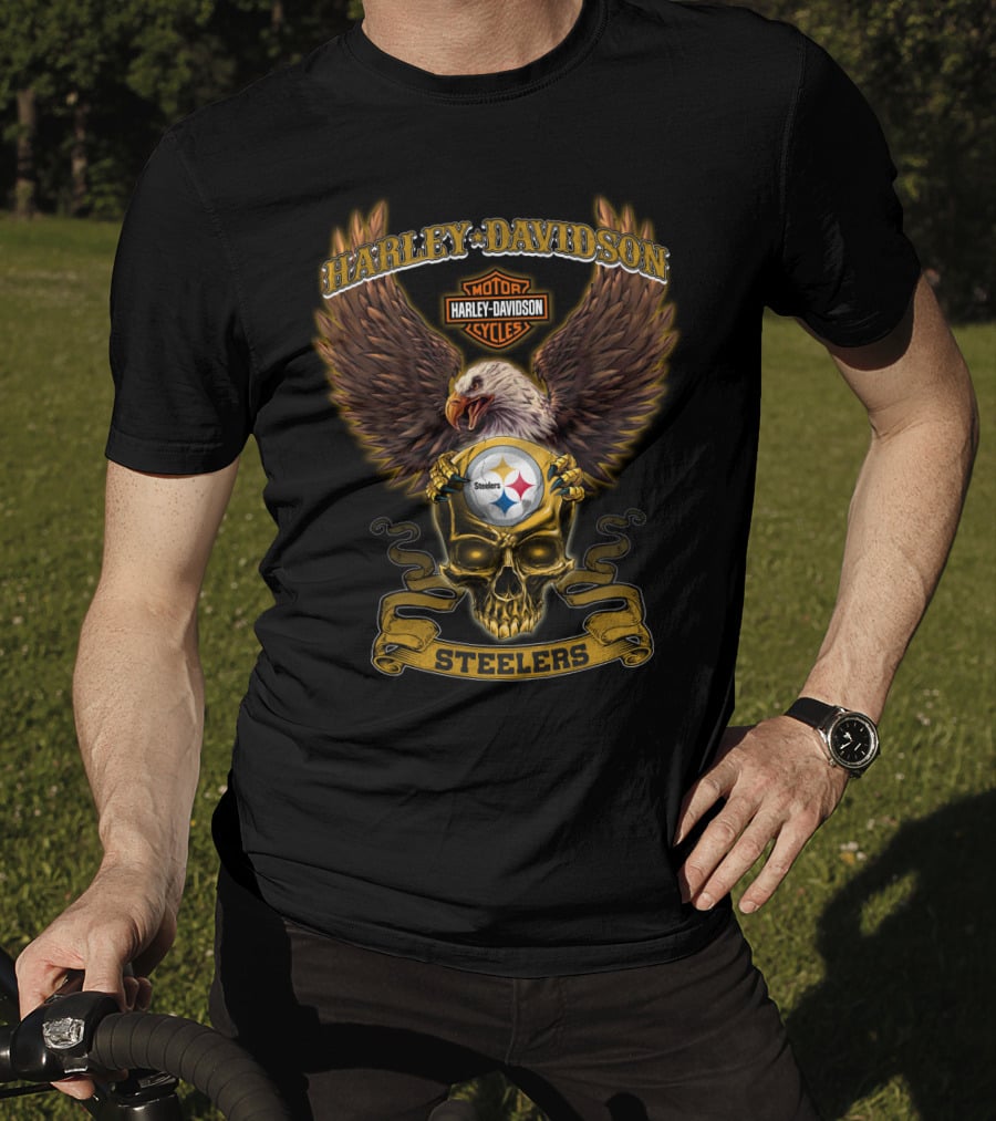 Harley Davidson Steelers Eagle And Skull With Pittsburgh Steelers T-Shirt