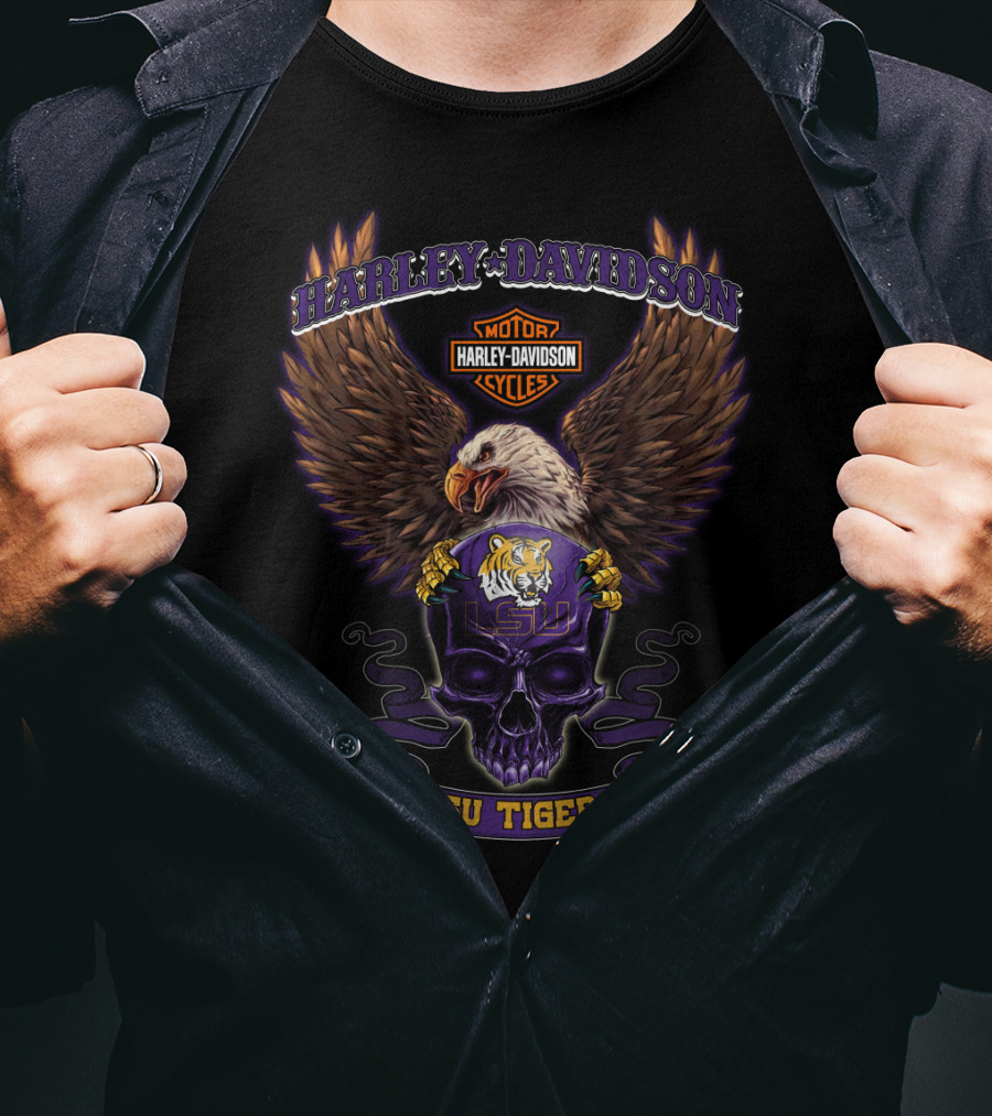 Harley Davidson Lsu Tigers Motor Cycles Eagle Skull T-Shirt