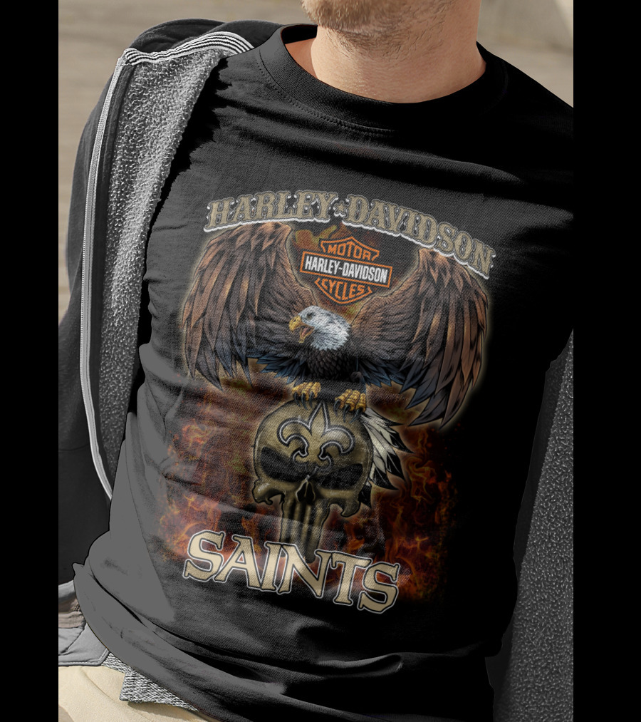 Harley Davidson Motorcycles Eagles Flames Saints Fleur-De-Lis T-Shirt