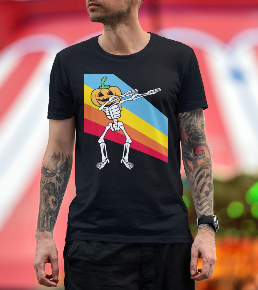 Vintage Dabbing Skeleton with Pumpkin Head Halloween T-Shirt