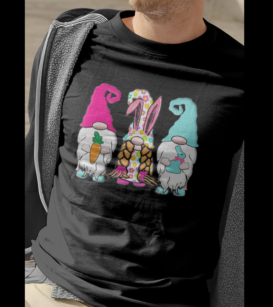 3 Easter Gnomes Pastel Spring Bunny Ears Rabbit Carrot Floral T-Shirt