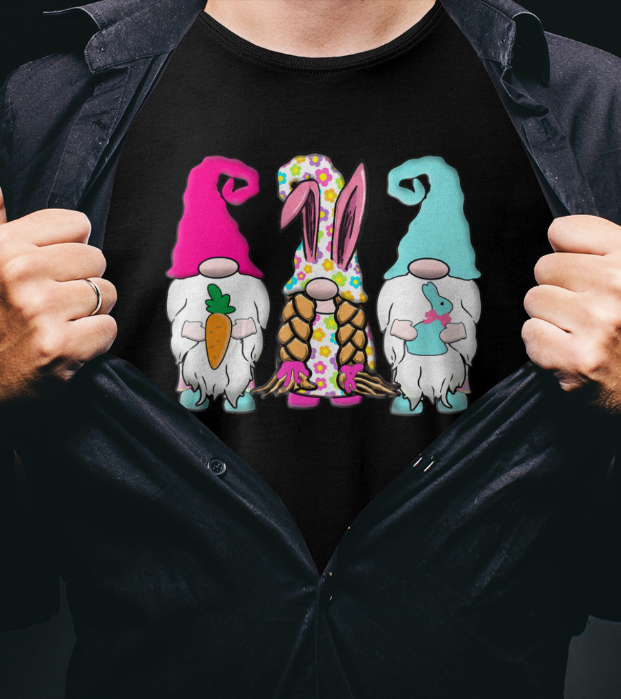 3 Easter Gnomes Pastel Spring Bunny Ears Rabbit Carrot Floral T-Shirt