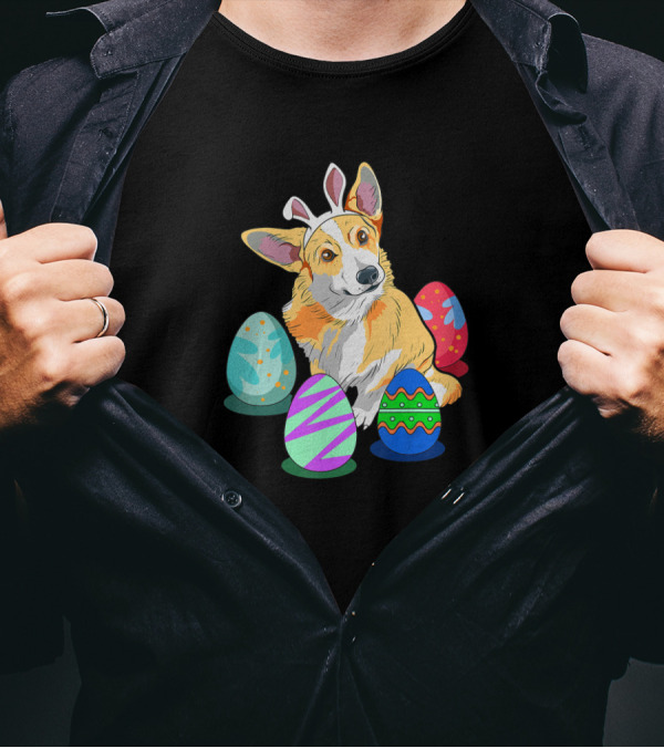 Corgi With Bunny Ears Surrounded By Colorful Easter Eggs T-Shirt
