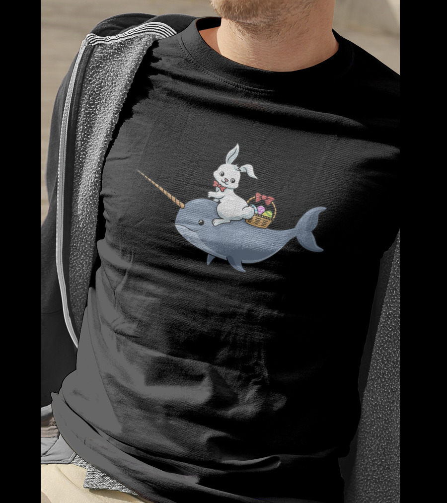 Easter Bunny Rabbit Riding Narwhal With Egg Basket T-Shirt
