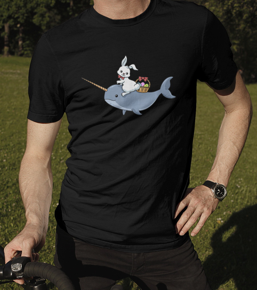 Easter Bunny Rabbit Riding Narwhal With Egg Basket T-Shirt