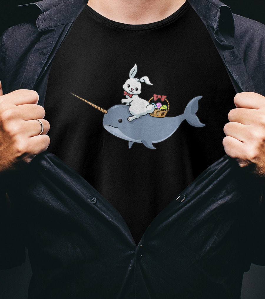 Easter Bunny Rabbit Riding Narwhal With Egg Basket T-Shirt