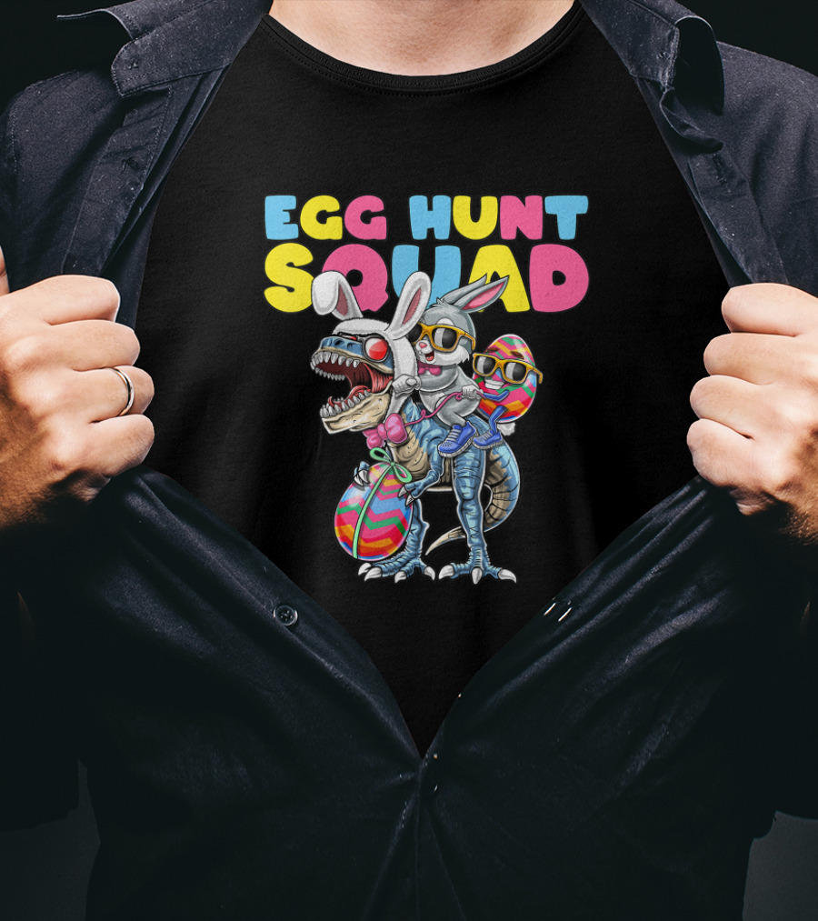Egg Hunt Squad Easter Bunny Dinosaur With Rabbit Ears And Sunglasses T-Shirt