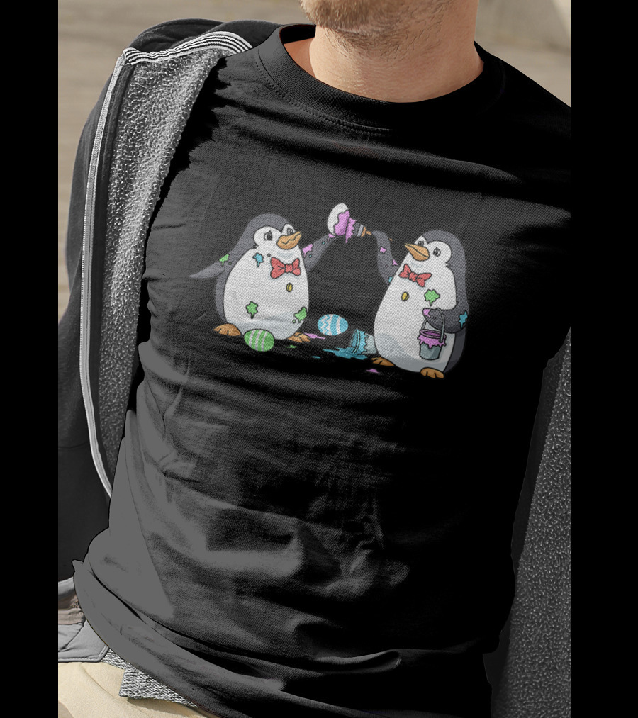 Happy Easter Penguin Egg Hunt With Bow Tie Penguins And Colorful Eggs T-Shirt