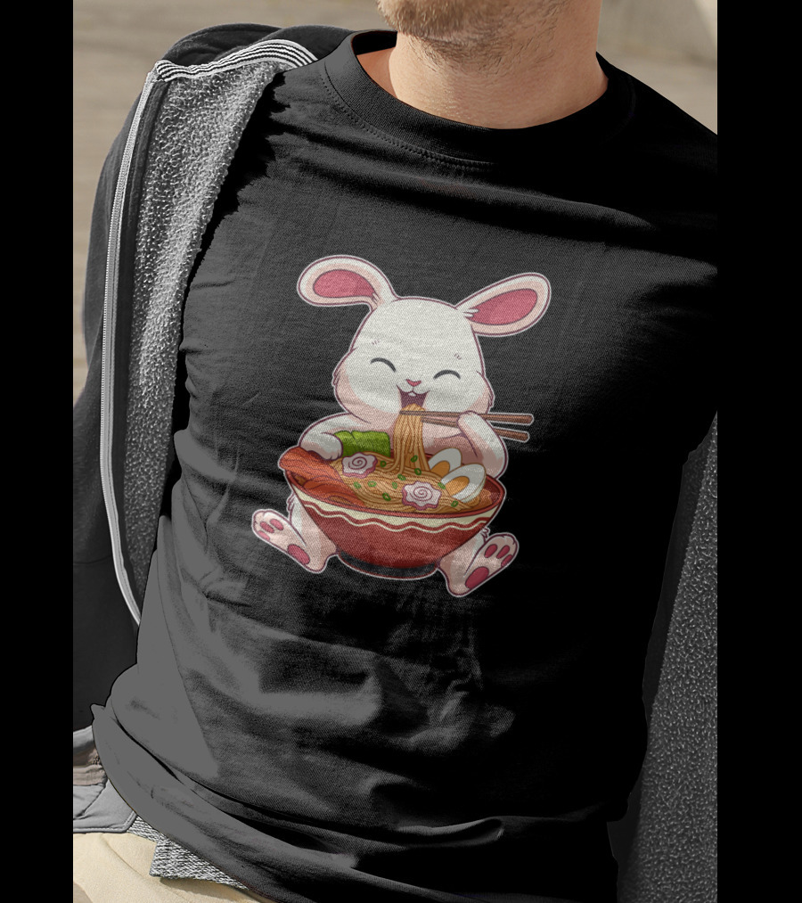Kawaii Japanese Easter Bunny Eating Ramen Noodles With Egg T-Shirt