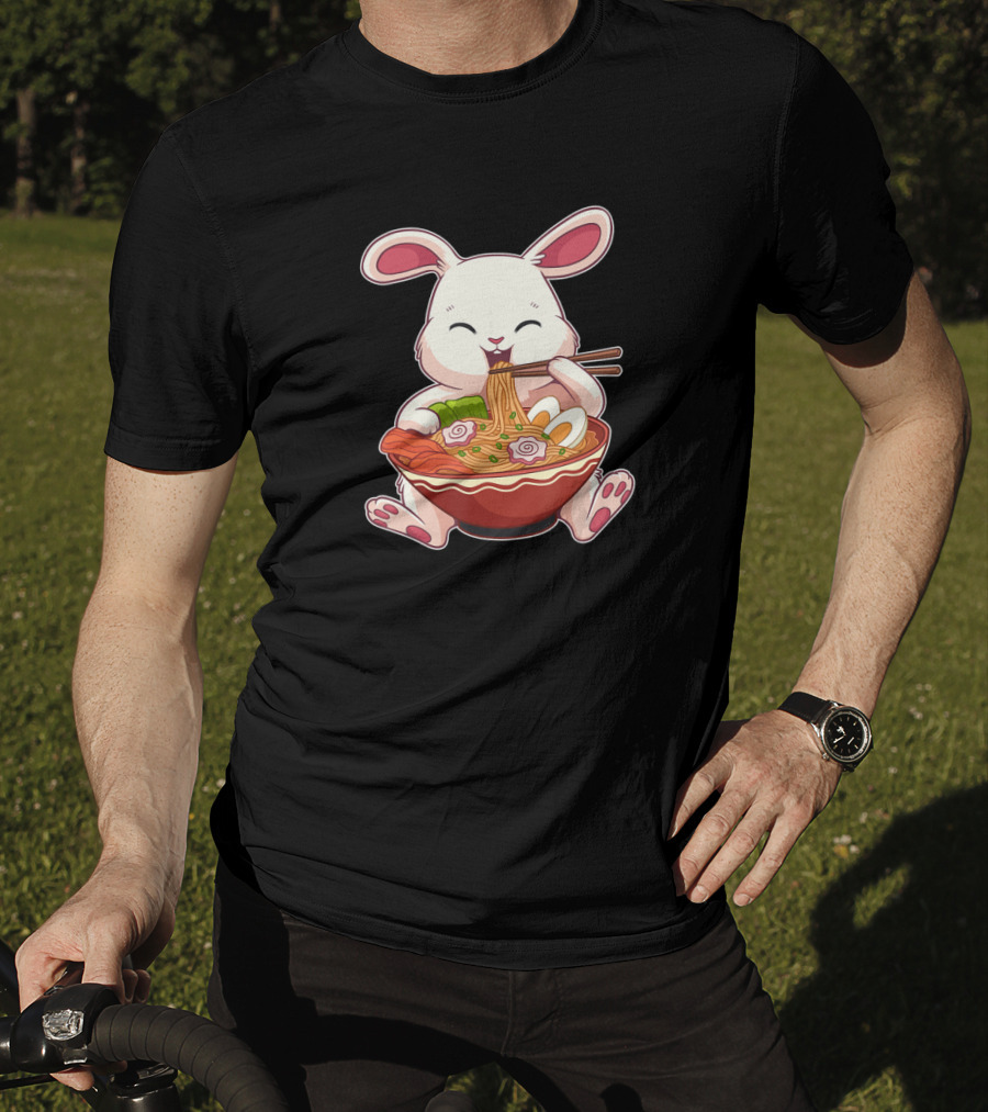 Kawaii Japanese Easter Bunny Eating Ramen Noodles With Egg T-Shirt