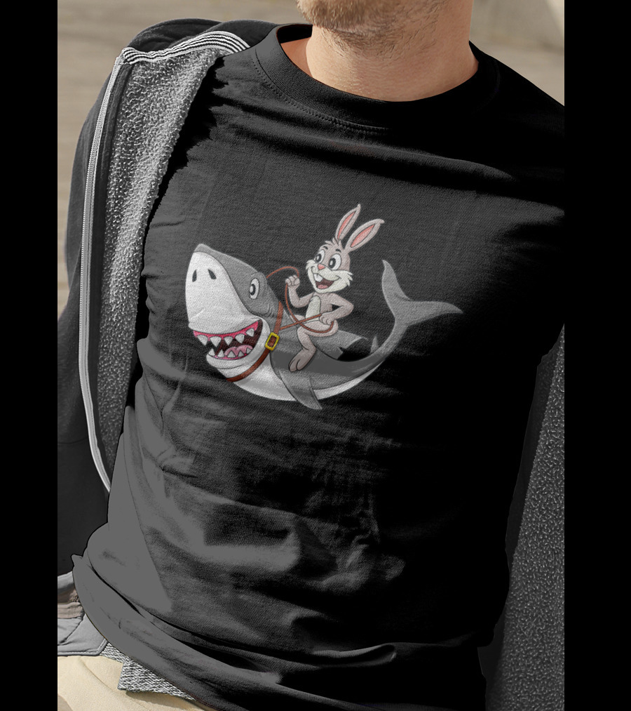 Rabbit Riding Shark Cartoon Easter Humor T-Shirt