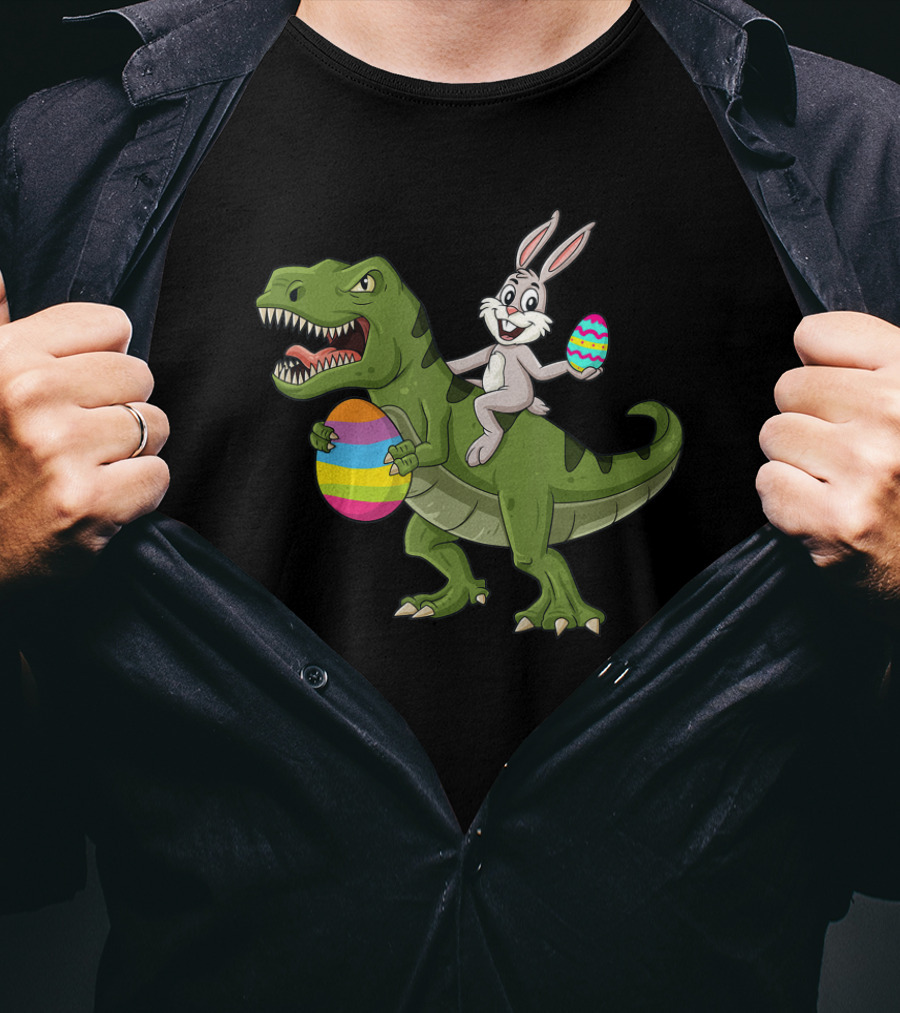 Rabbit Riding T-Rex With Colorful Easter Eggs T-Shirt