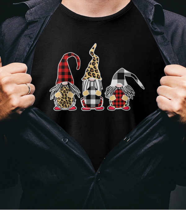 Three Gnomes Holding Patterned Easter Eggs Leopard Plaid T-Shirt