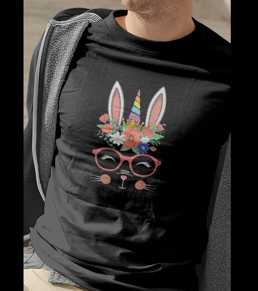 Unicorn Bunny With Glasses And Floral Crown T-Shirt