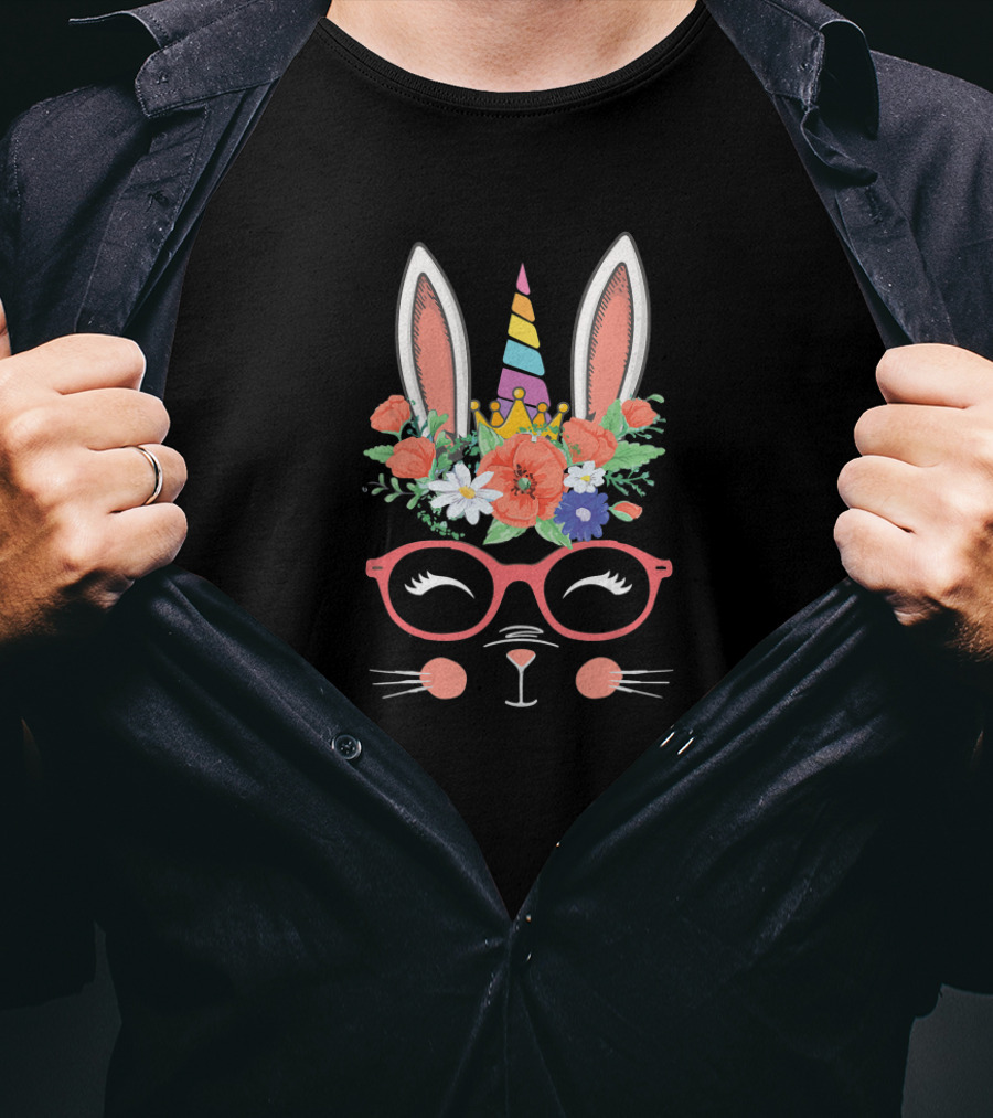 Unicorn Bunny With Glasses And Floral Crown T-Shirt