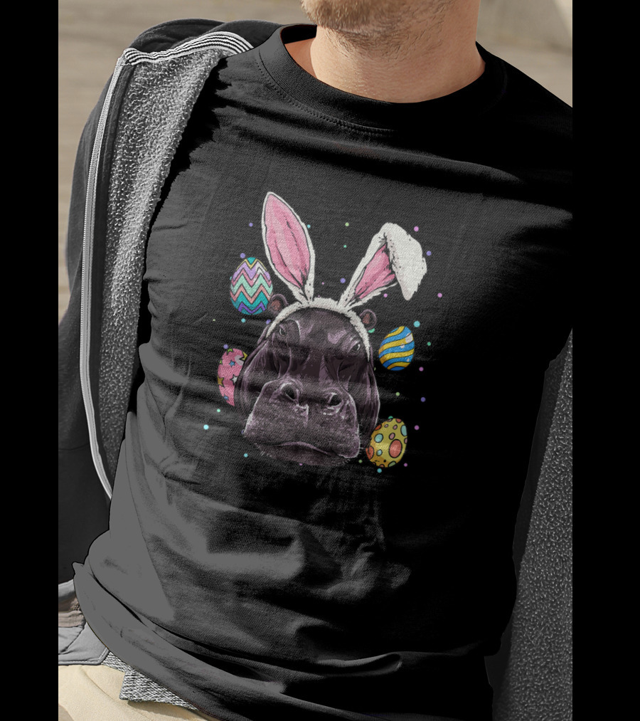 Easter Bunny Hippo With Colorful Eggs And Bunny Ears Fun T-Shirt