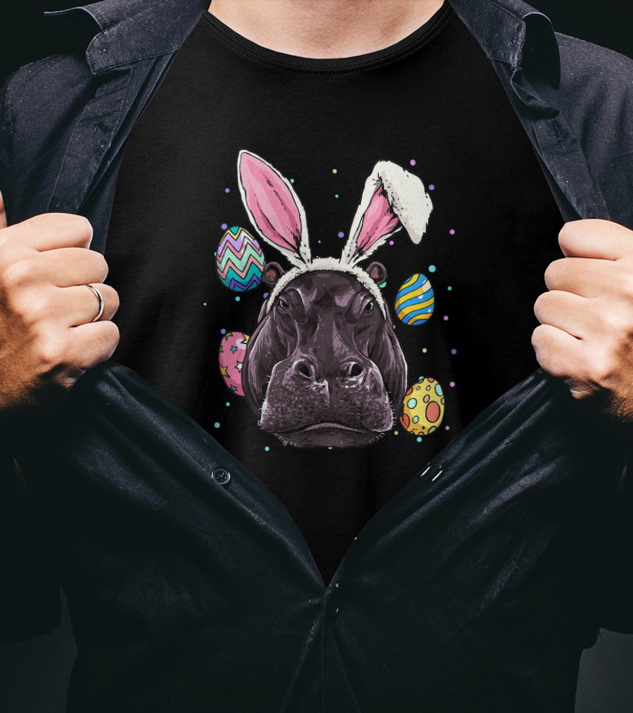 Easter Bunny Hippo With Colorful Eggs And Bunny Ears Fun T-Shirt