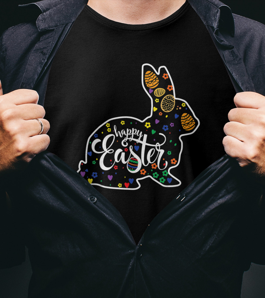 Happy Easter Bunny Rabbit Colorful Eggs And Hearts T-Shirt