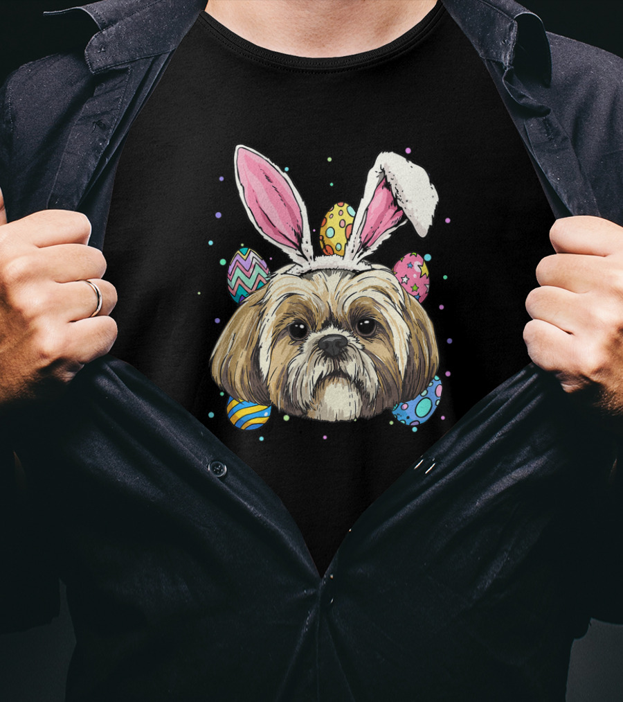 Easter Bunny Shih Tzu Dog With Colorful Easter Eggs T-Shirt